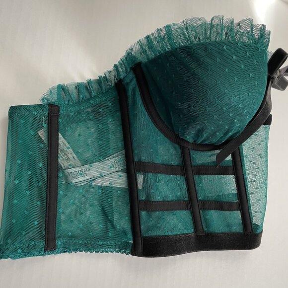 Victoria Secret Bra 32C Dream Angels Bustier Long Line Green Black Boned Ruffle - Picture 4 of 14